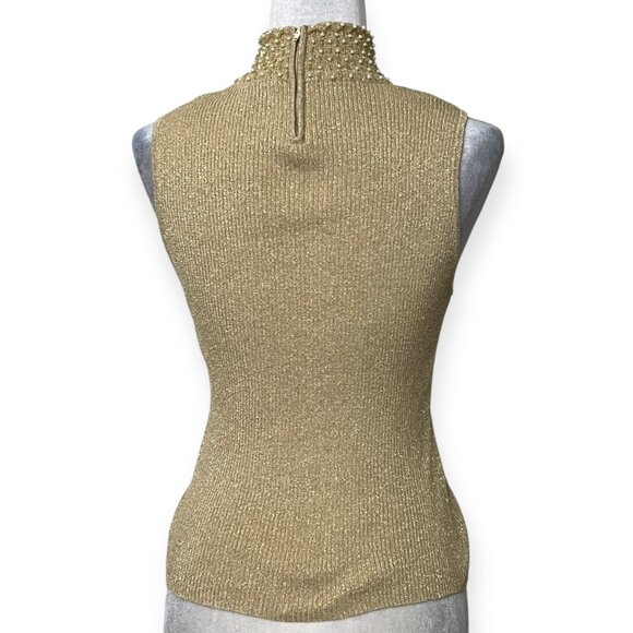 Lillie Rubin Gold Metallic Beaded Sleeveless Top M Peal Embroidered High Neck - Picture 2 of 6